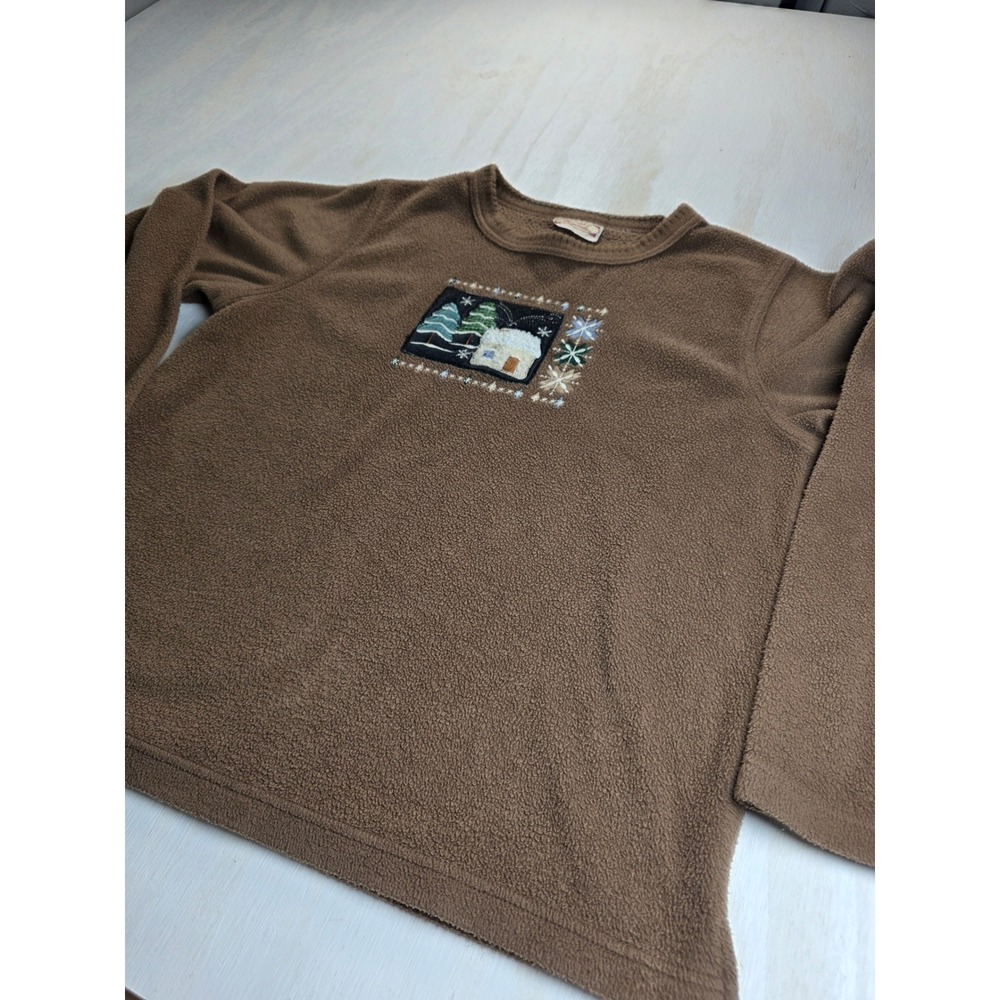 Decorated Originals Brown Fleece Winter Cabin Embroidered Sweatshirt Grannycore
